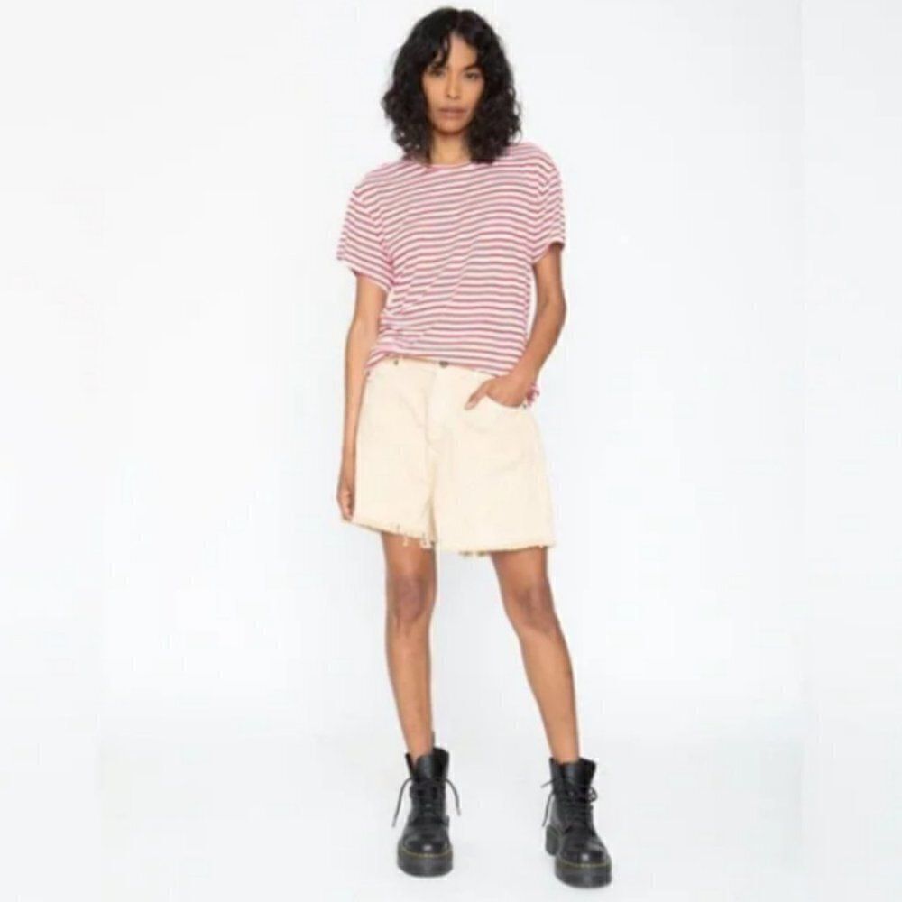 SANDRINE ROSE Slouchy Long Jean Shorts Cut Off Distressed Linen Jorts Sz 25 NWT
